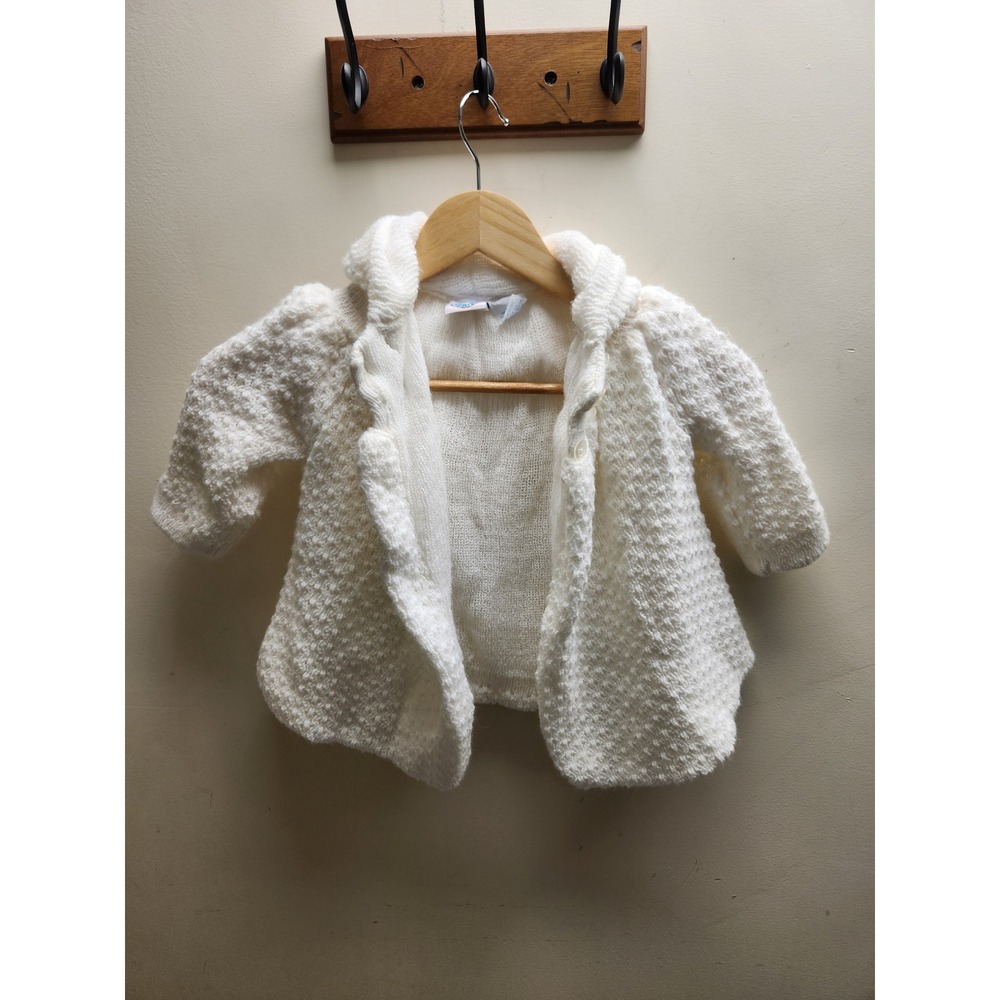 CC Baby White Hooded Knit Cardigan Sweater Made in Israel Size 3-9 Months